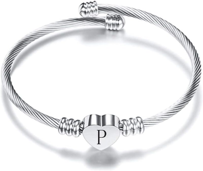 VQYSKO Silver Heart Initials Bracelet-A-Z Stainless Steel Engraved Charm Bracelet, Woman Jewelry Birthday Festival Gift - Image 1